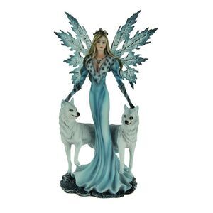 Blue Ice Fairy Standing With Winter White Wolves Statue